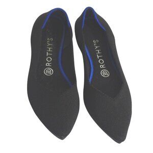 Rothys The Point Toe Knit Ballet Flats Shoes Black With Blue Trim Women Size 8